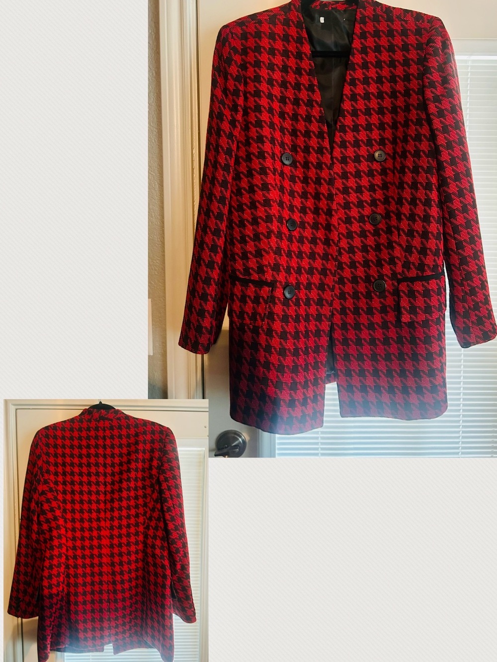 Red & Black Houndstooth Double-Breasted Blazer